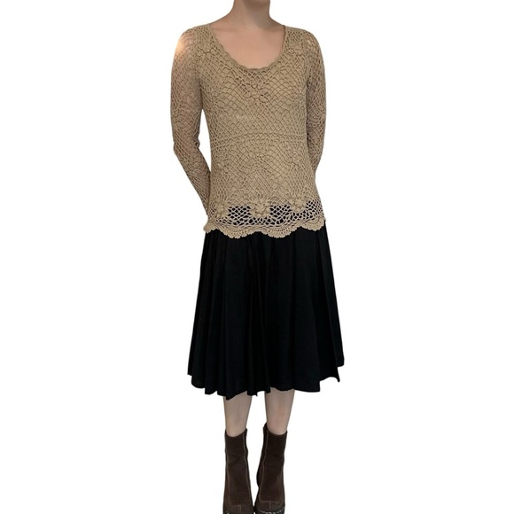 Vintage Long Sleeve Dress Crochet Bohemian Artsy Unique Black Tan Size 8 Medium - Picture 9 of 9